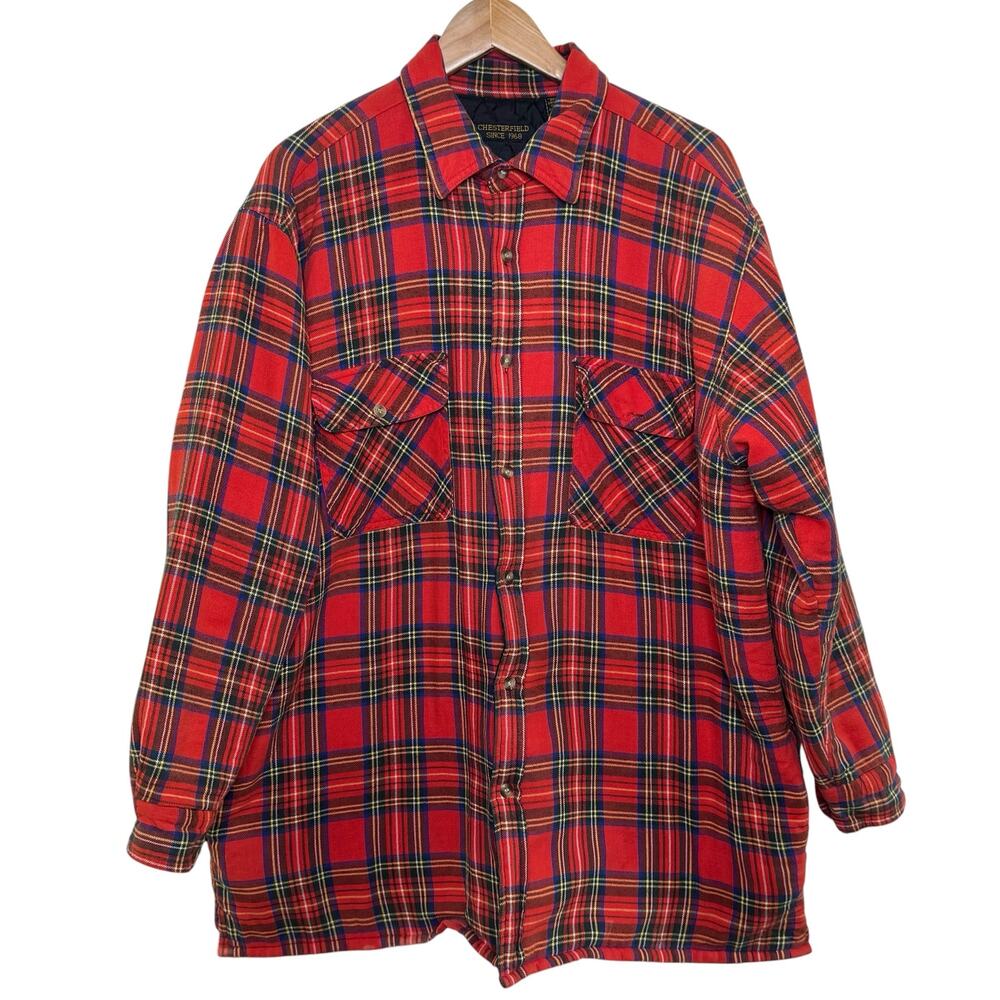 Vintage Quilted Flannel Red Plaid Chesterfield 100% Cotton Size XL